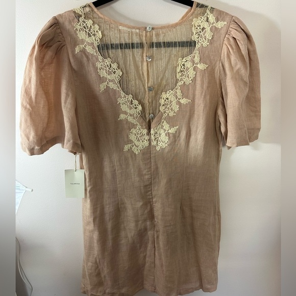 Tularosa | NEW Levy Embroidered Linen Puff Sleeve Mini Dress in Natural pink L - Picture 4 of 8